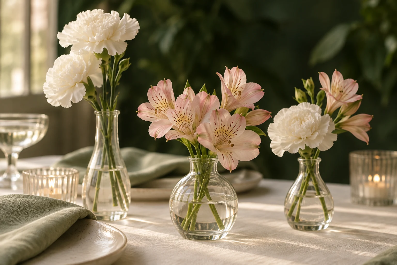 White carnations and pink alstroemeria in small clear-glass vases on an intimate reception table