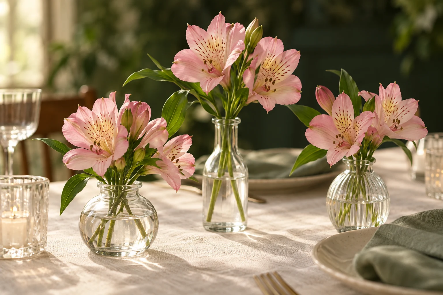 Illustrative blush pink alstroemeria in glass bud vases