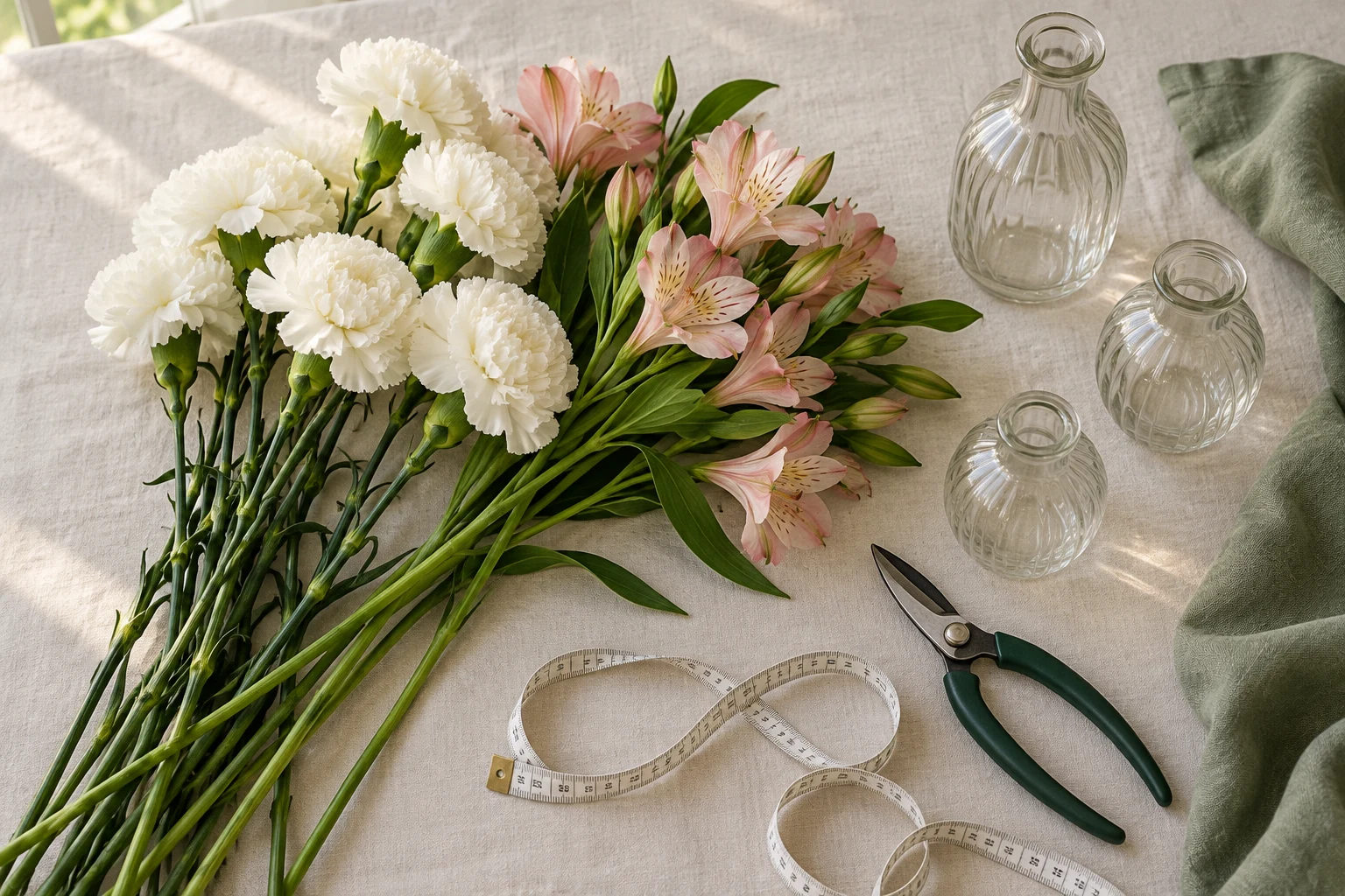 Illustrative flowers, glass vases and floral snips arranged on a linen work surface