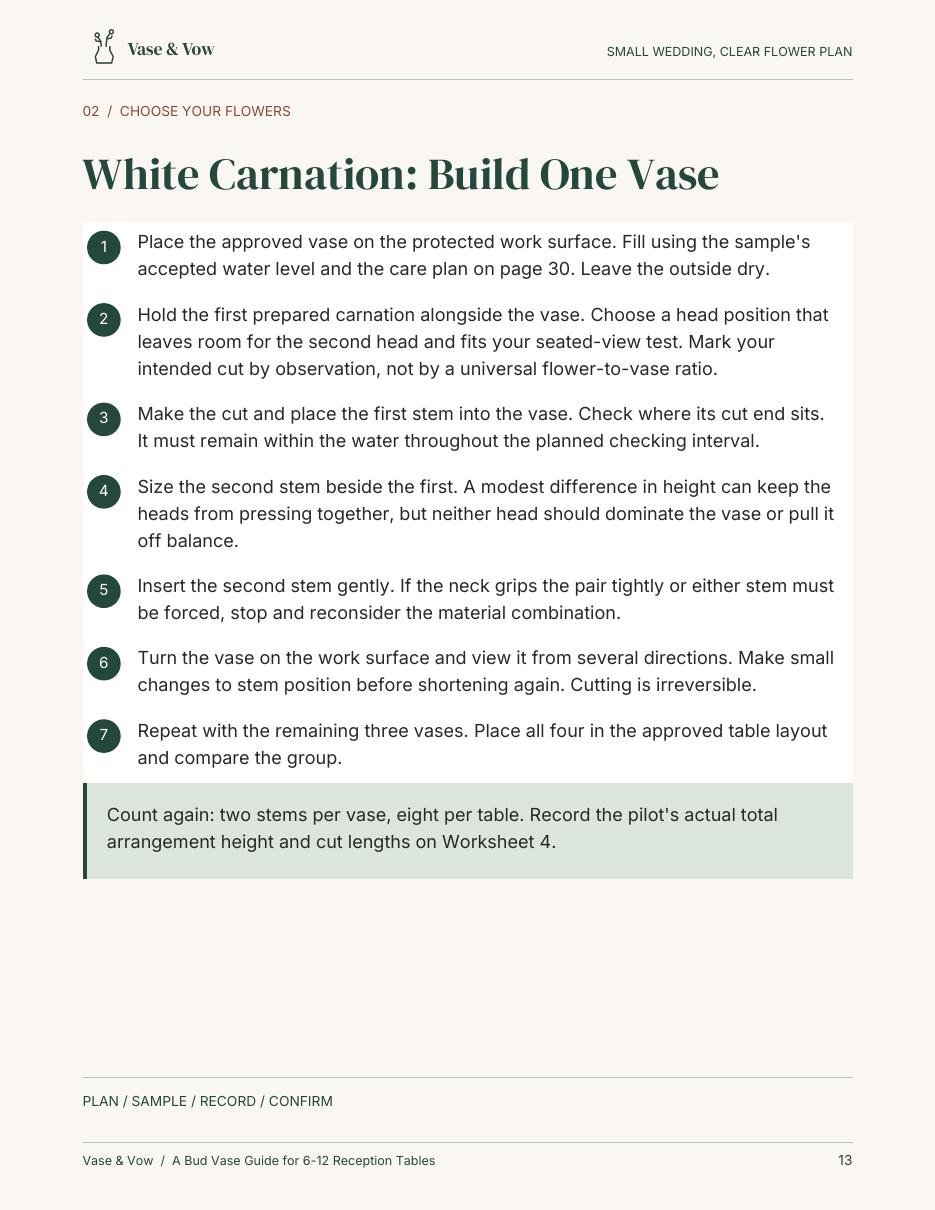 Actual page 13 showing numbered White Carnation assembly instructions