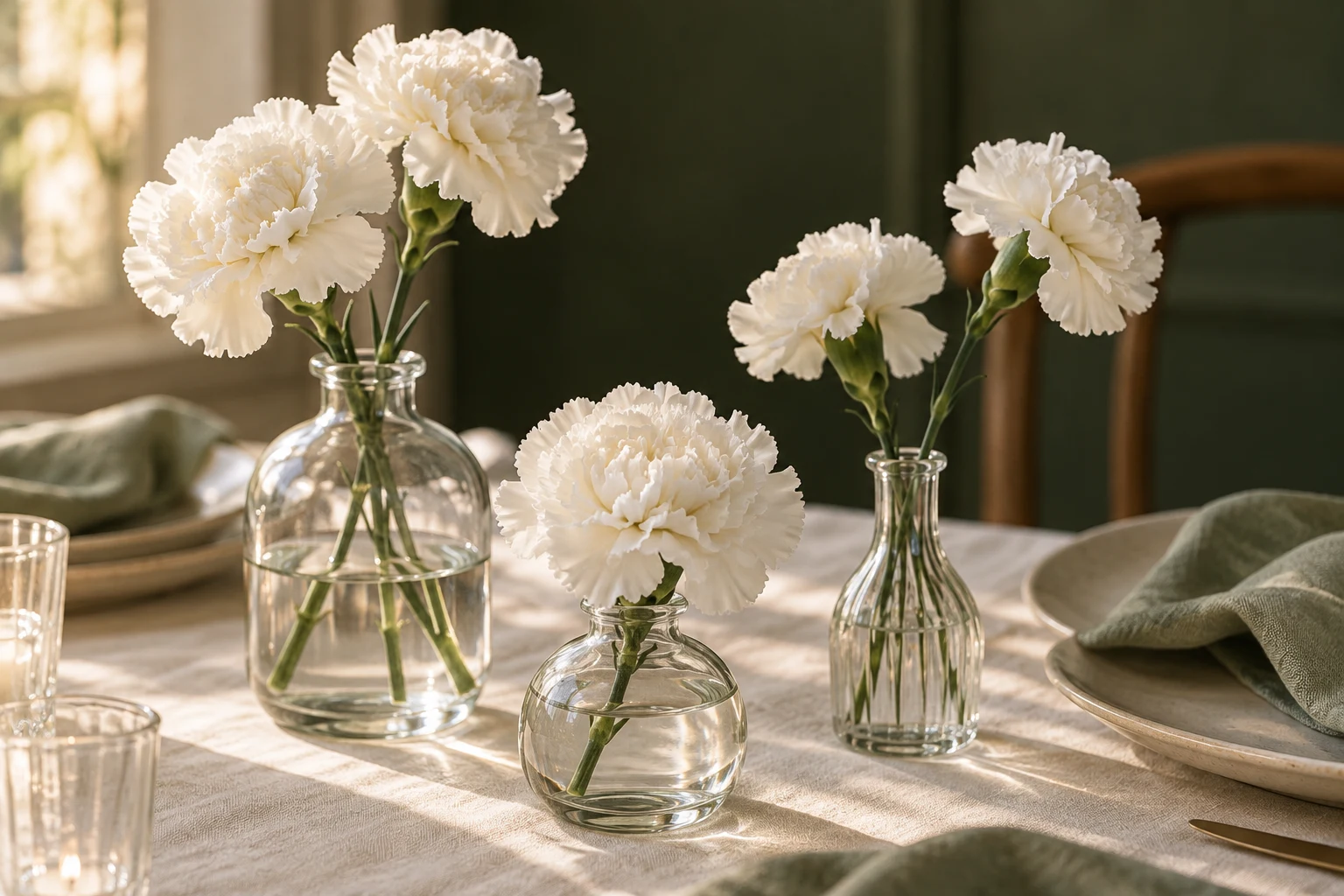 Illustrative white carnations in glass bud vases