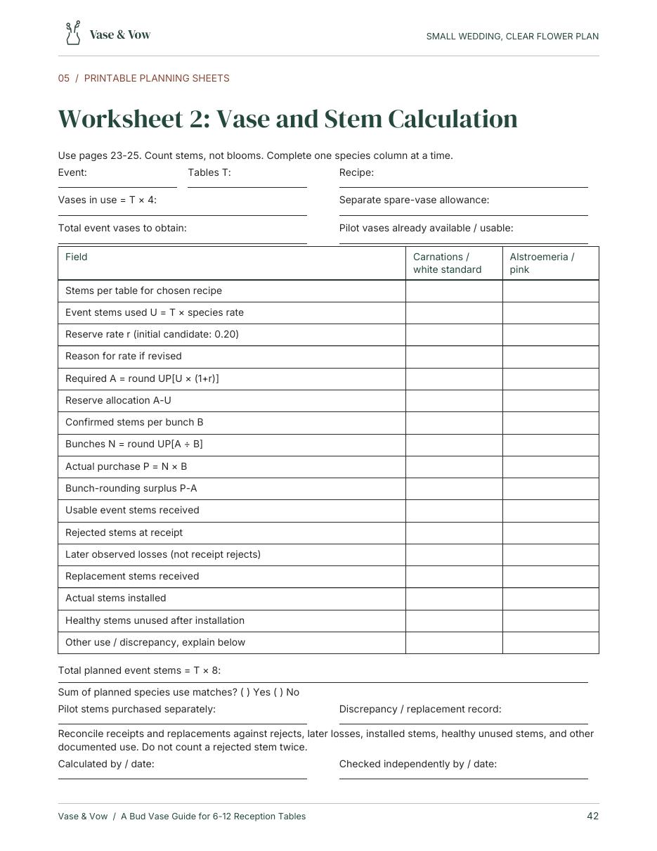 Actual page 42 showing the printable vase and stem calculation worksheet